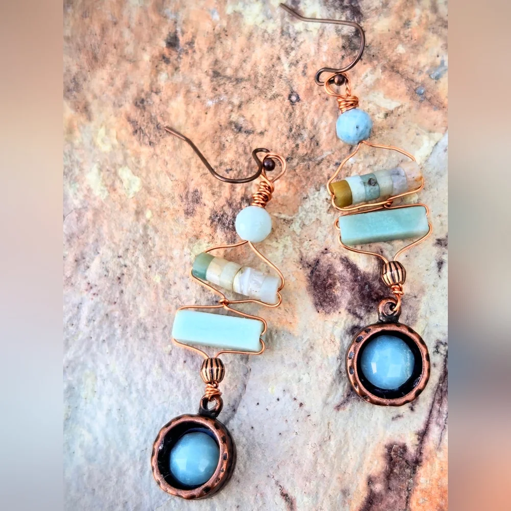 Natural Amazonite In The Scythian Spirit Set In Antique Copper Artifact Earrings - Picture 5 of 11